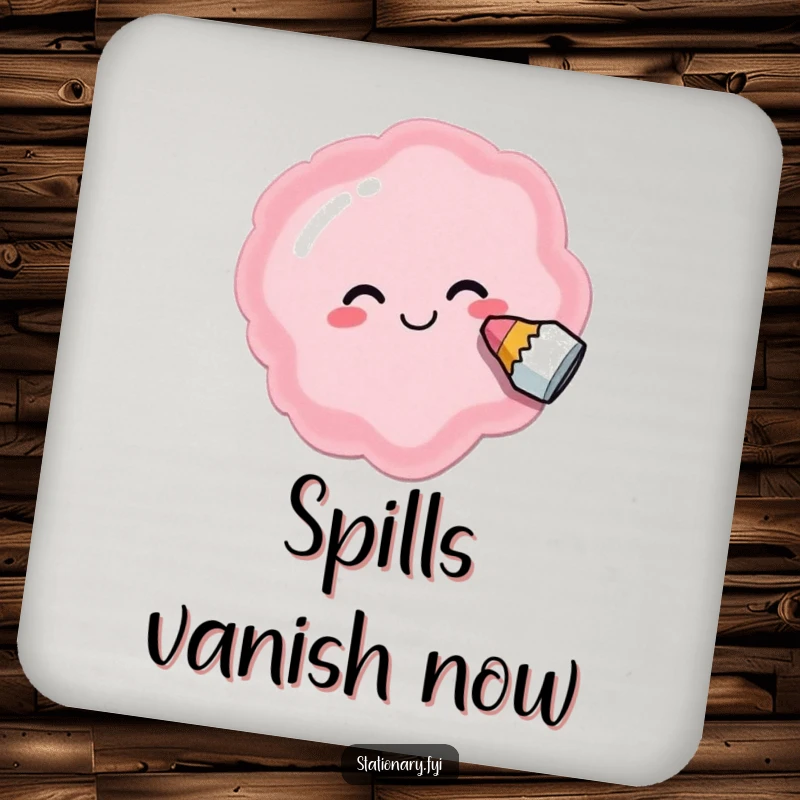 Funny drink coaster featuring a delighted eraser smudging a silly shape, adding playful humor to tables.