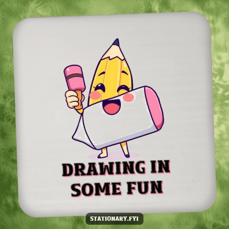 Funny drink coaster with a happy pencil character drawing a smiley face on an oversized eraser, adding artistic humor.