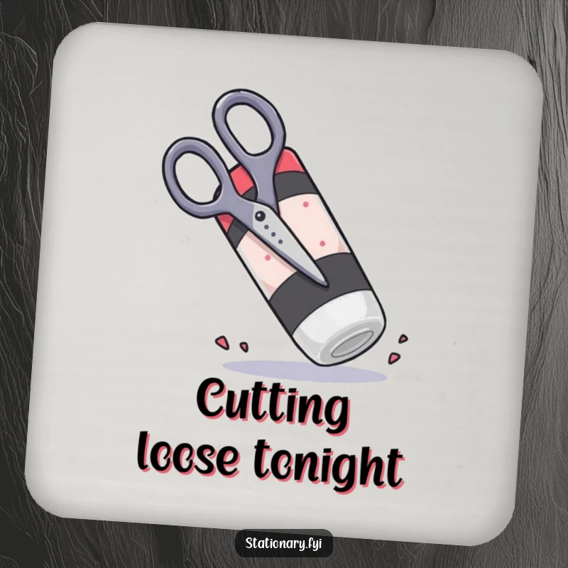 Funny scissors trying to cut a large rubbery eraser, a set of hilarious coasters for art lovers.