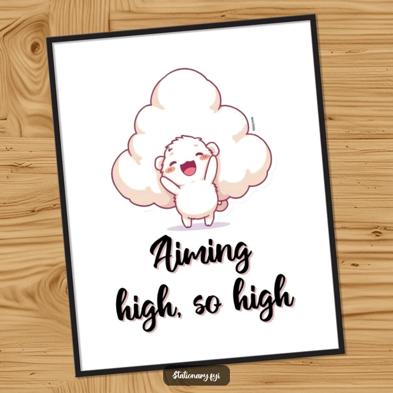 Funny poster showcasing a small, fuzzy creature in mid-staple action against a vast, fluffy cloud, full of comical determination.