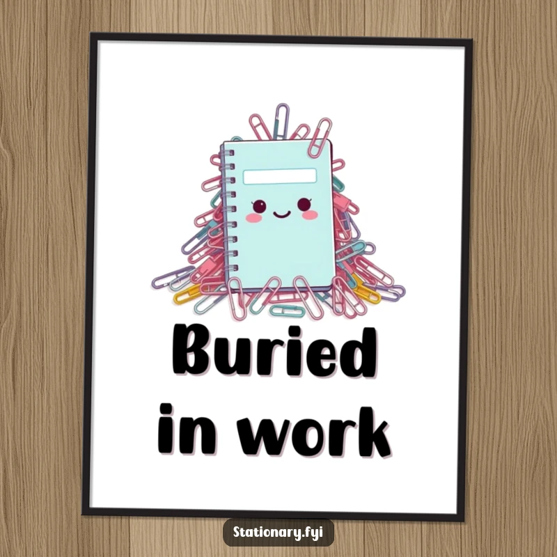 Funny Poster: A tiny notebook barely visible under a vast quantity of paperclips, illustrating office-related humor.