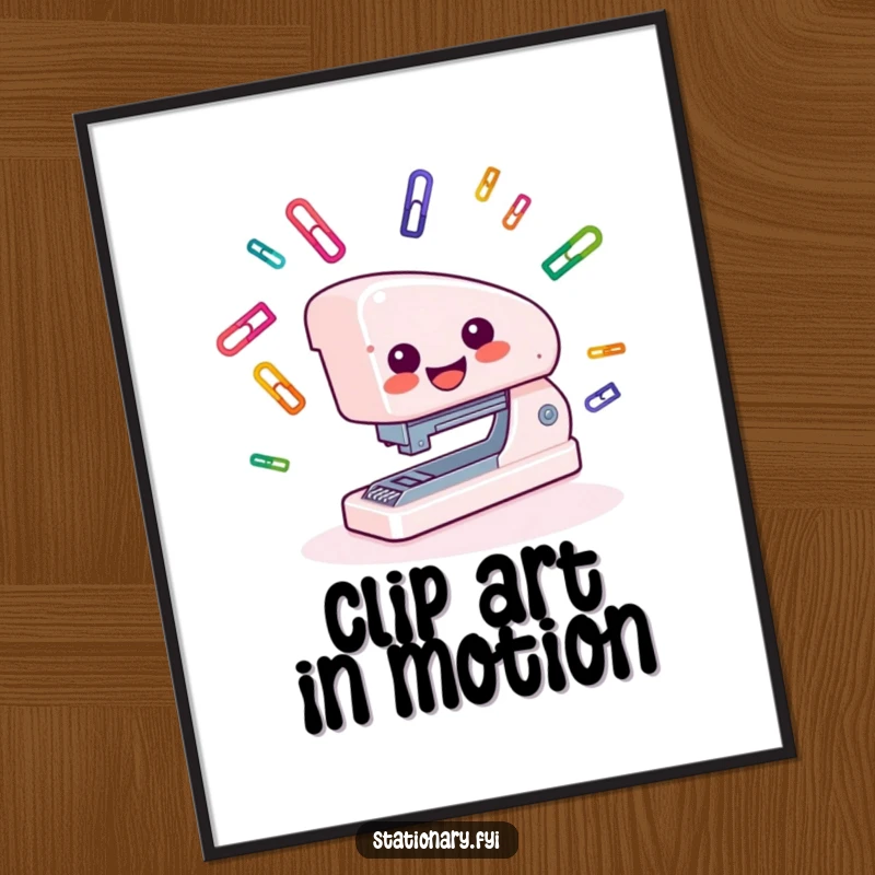 Funny Poster showing a smiling stapler juggling paper clips, bringing playful office energy to any room.