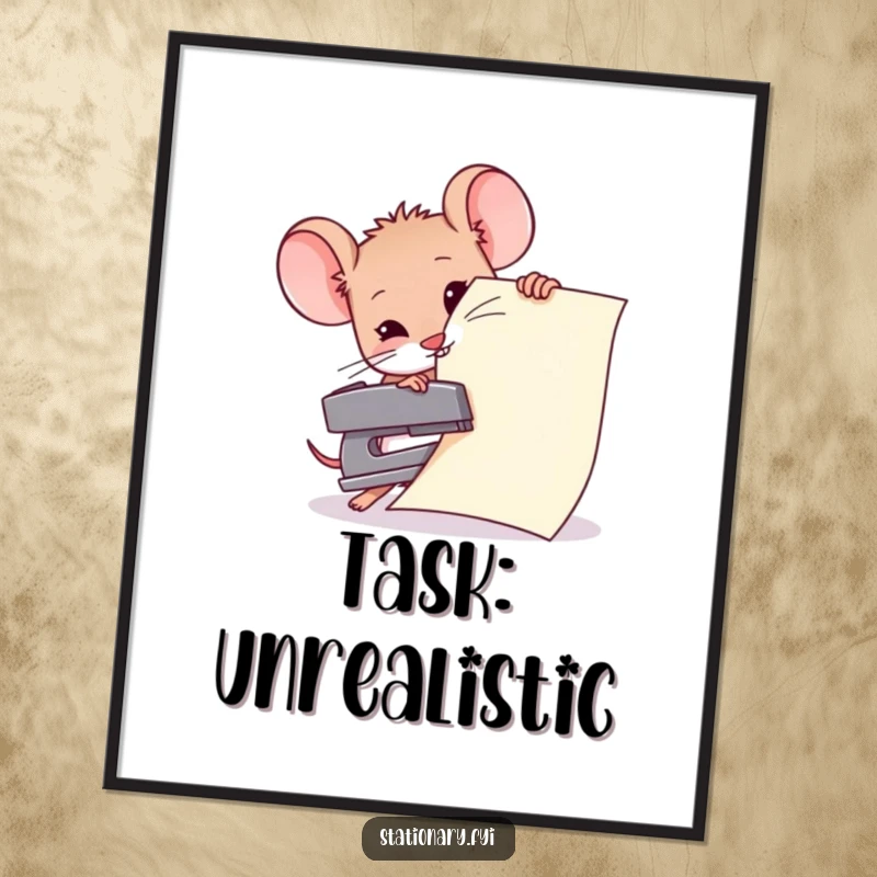Funny poster art of a tiny mouse attempting to staple a massive piece of paper with its tiny stapler, a comical portrayal of effort.