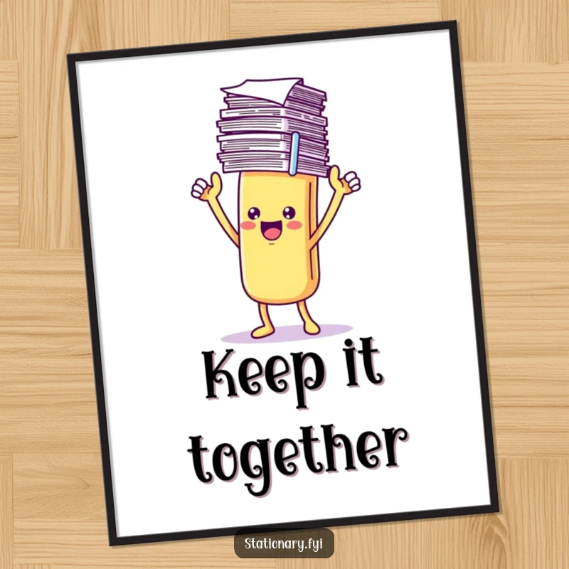 Funny Poster featuring a triumphant Kawaii paperclip character proudly holding a stack of papers, perfect for motivational decor.