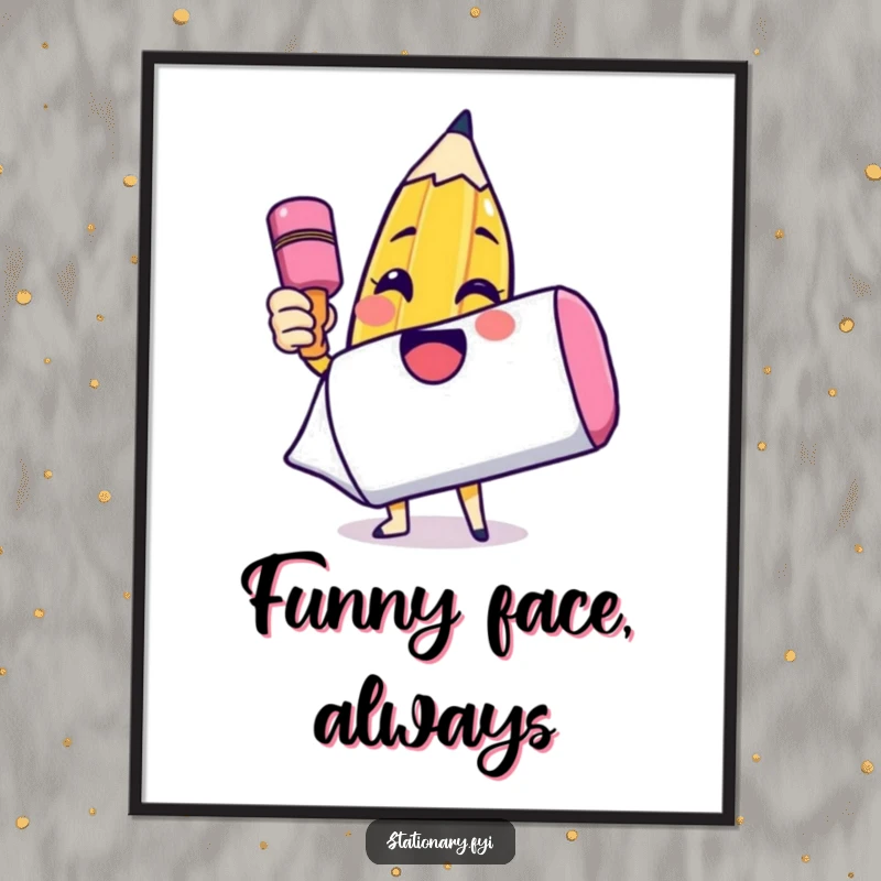 Funny poster illustrating a happy pencil character drawing a smiley face on a huge eraser, bringing artistic joy to any wall.