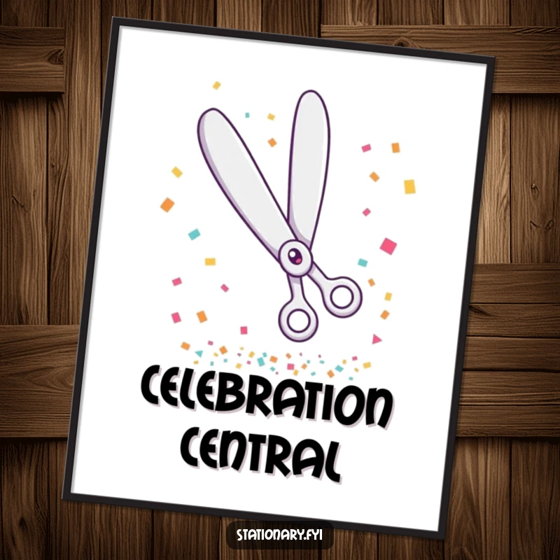 Funny poster of giggling scissors joyfully cutting through a colorful confetti shower, adding festive humor.