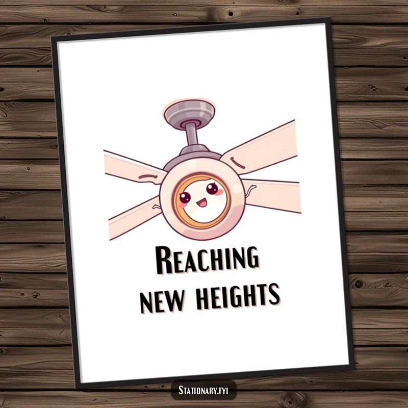 Funny tape roll comically trying to stick to a ceiling fan, hilarious wall art adding humor to any room.