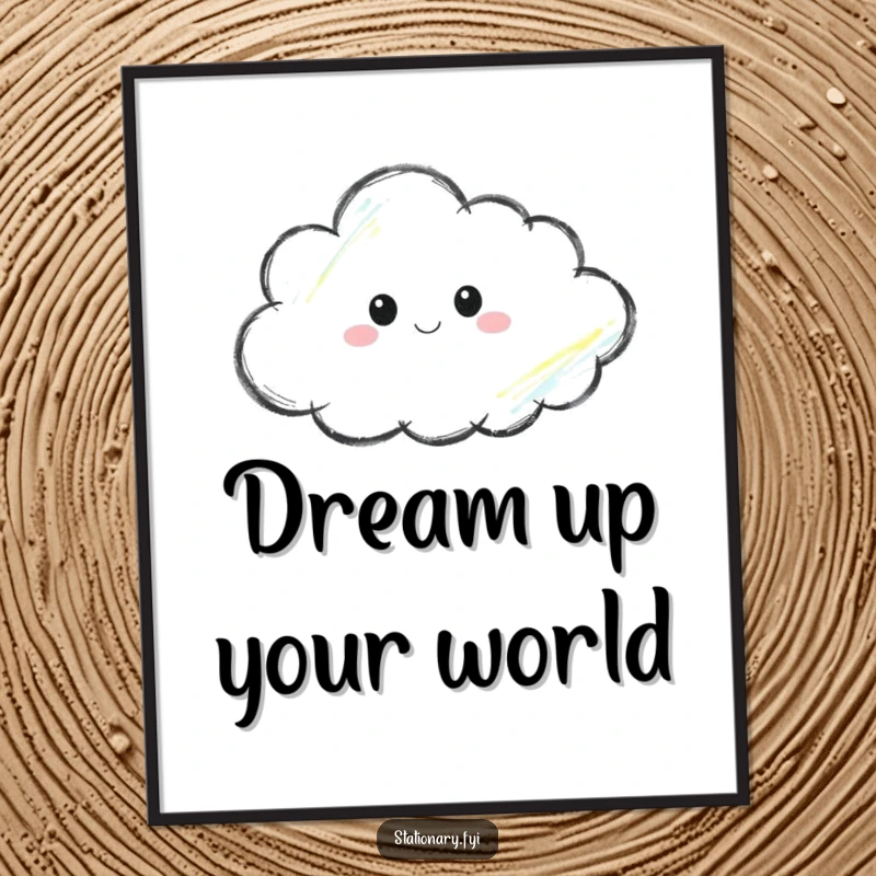 Funny poster depicting a crayon meticulously drawing a cloud, bringing a sense of quiet creativity and artistic charm.