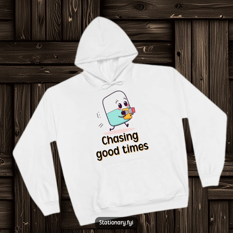 Funny expressive eraser being chased by a tiny determined pencil sharpener, depicted on a cozy hoodie.