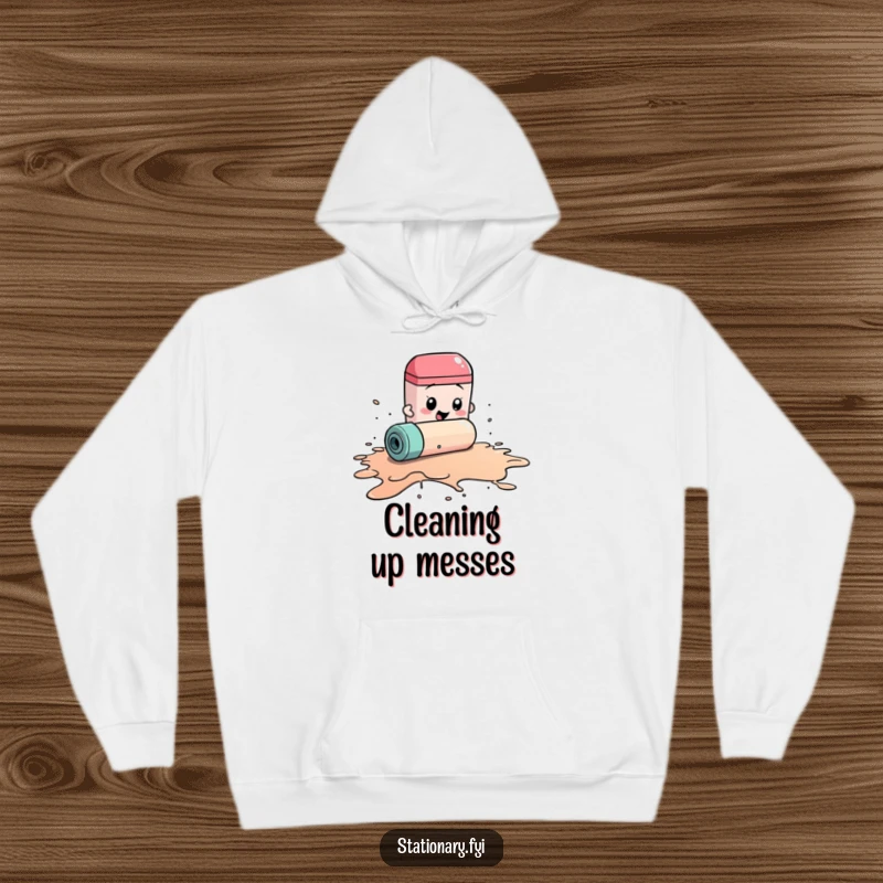 Funny hoodie depicting a rolling eraser desperately trying to mop up an enormous ink spill, embodying humorous diligence.