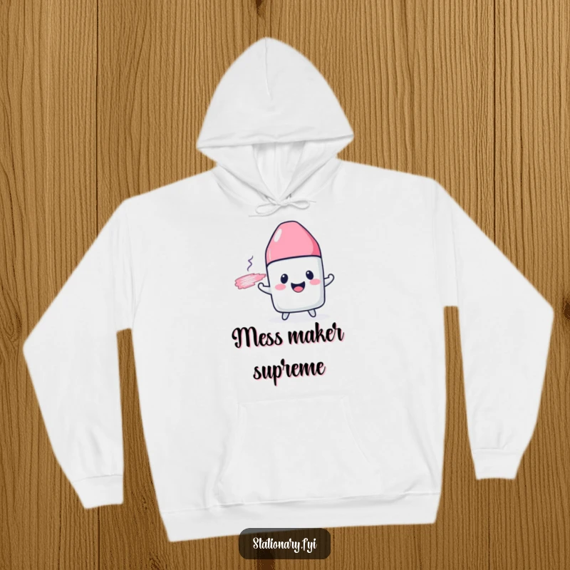 Funny hoodie showcasing a cheerful eraser character happily erasing a drawn line, ideal for cozy laughs.