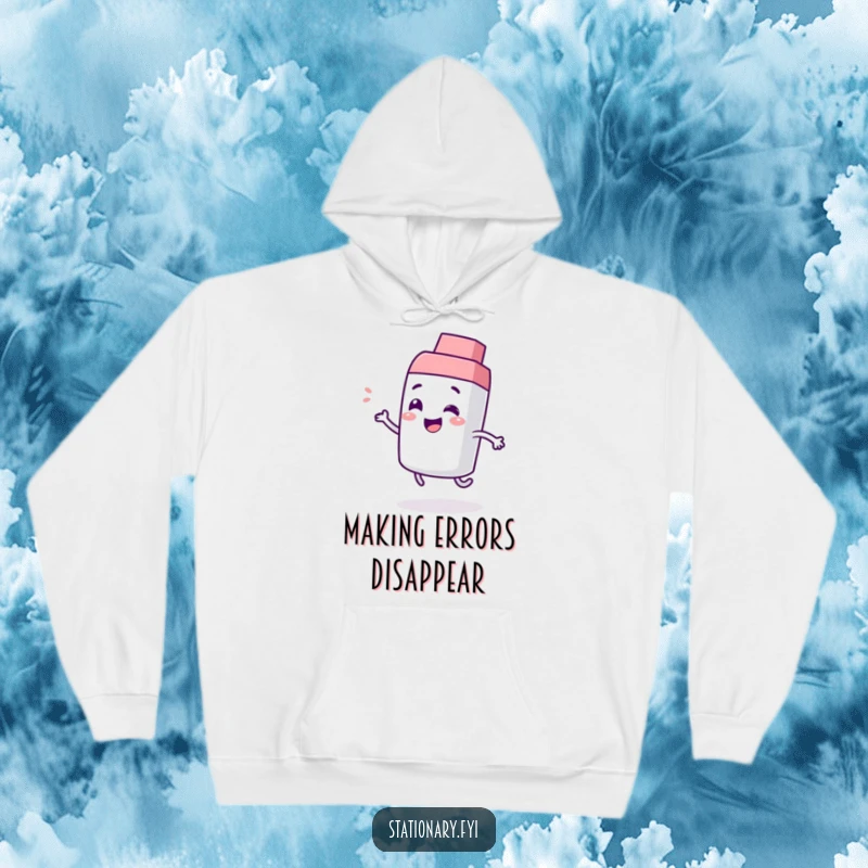 Funny hoodie featuring a cheerful giggling eraser character bouncing energetically, offering a soft and humorous addition to any casual wardrobe.