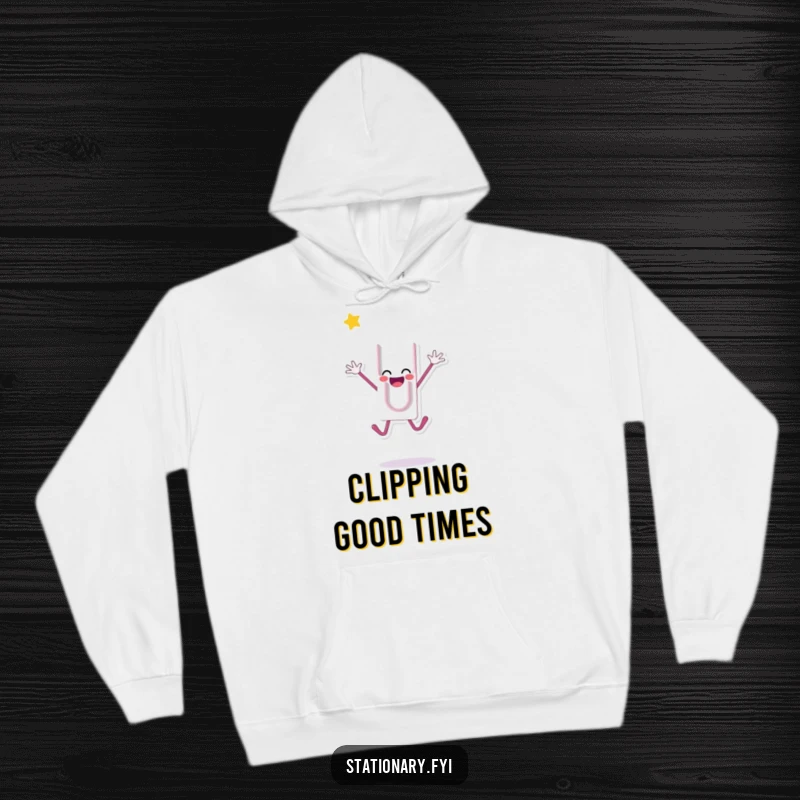 Funny hoodie featuring a happy paperclip character in a celebratory jump, embodying joy and comfort, a perfect funny gift.