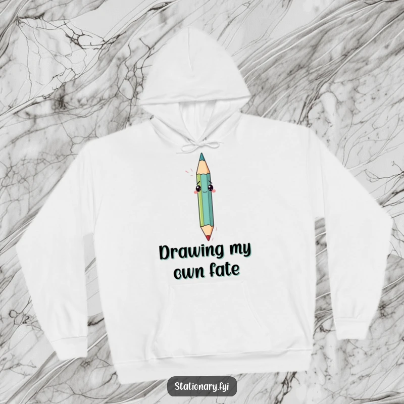 Funny hoodie showing a bewildered pencil in the act of drawing itself with its own point, a humorous take on artistic process.