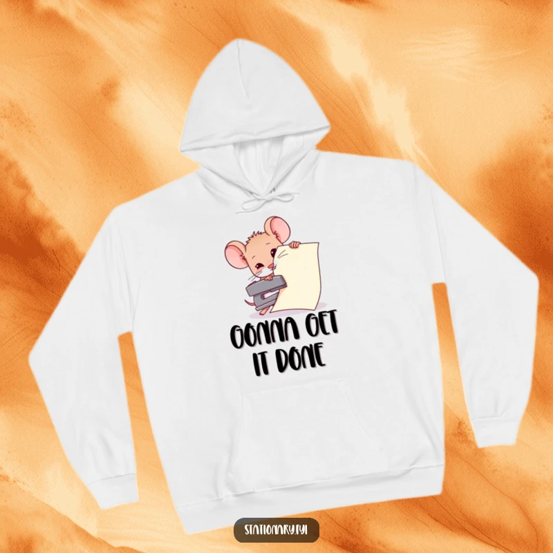 Funny hoodie illustrating a tiny mouse bravely stapling an oversized sheet of paper with a tiny stapler, showcasing funny persistence.