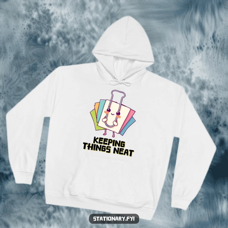 Funny hoodie: A content paperclip securely fastens a collection of bright, diverse papers.
