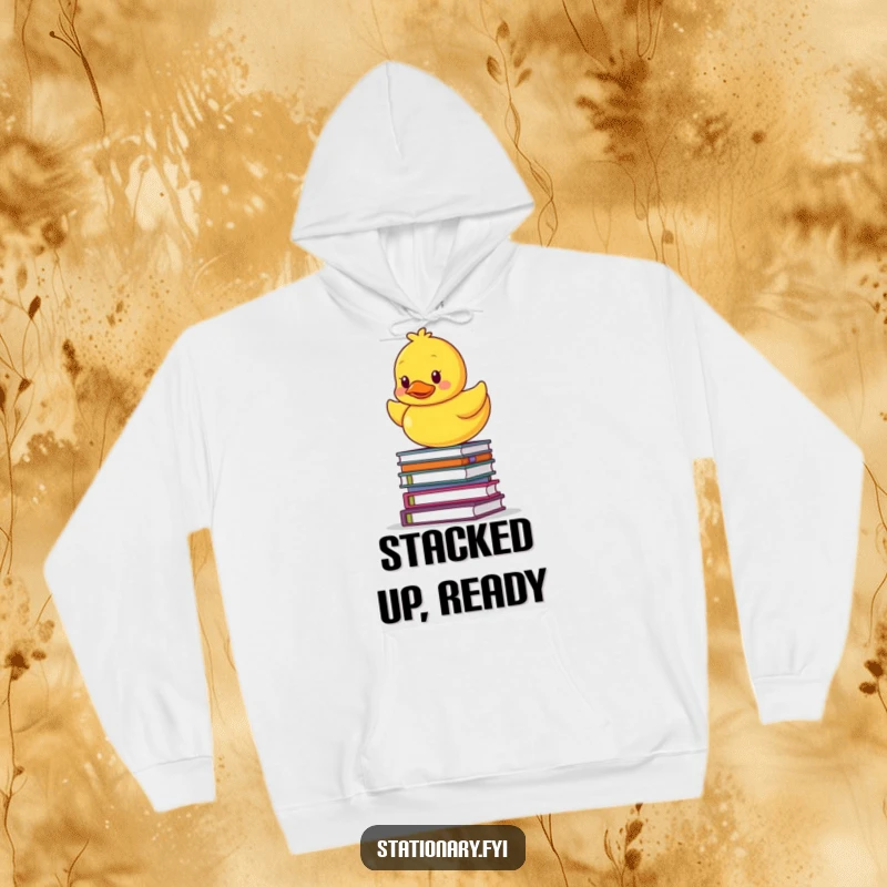 Funny hoodie depicting a yellow rubber ducky teetering on a pile of notebooks, capturing a humorous moment of precarious balance.