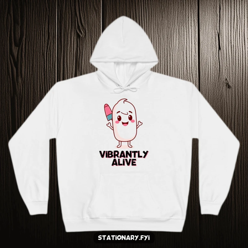 Funny marker hoodie depicting a bouncy marker character drawing a lively, wavy line. Cozy and artistic.