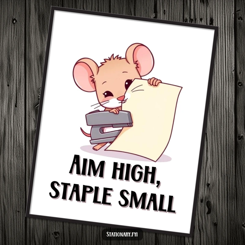 Funny free printable wall art of a tiny mouse attempting to staple enormous paper with a miniature stapler, unique downloadable art.