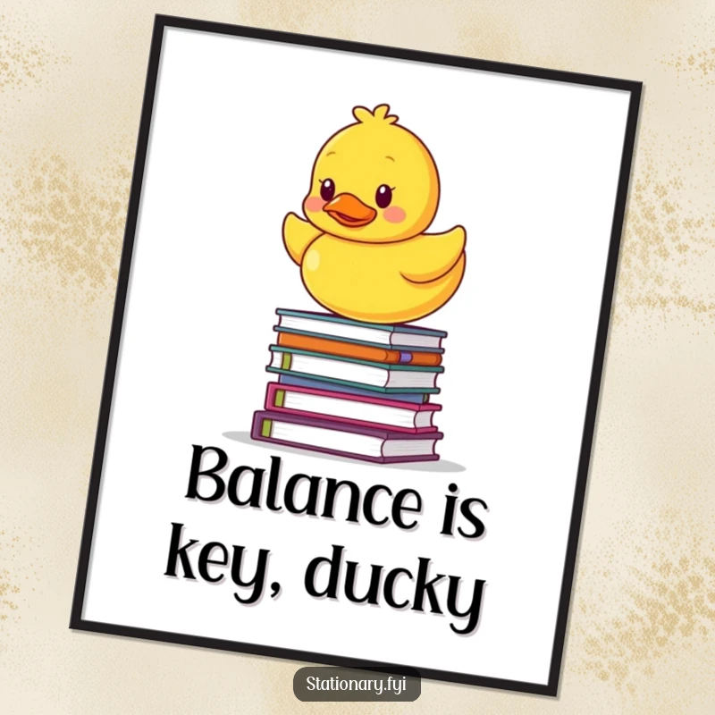 Funny Free Printable Wall Art: A rubber ducky character attempts a daring balancing act atop a high stack of notebooks.