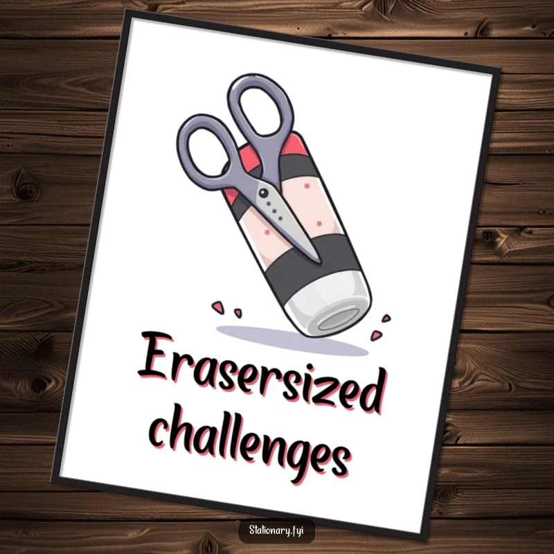 Funny Free Printable Wall Art: Scissors comically attempting to chop a giant, rubbery eraser in a playful, humorous scene.