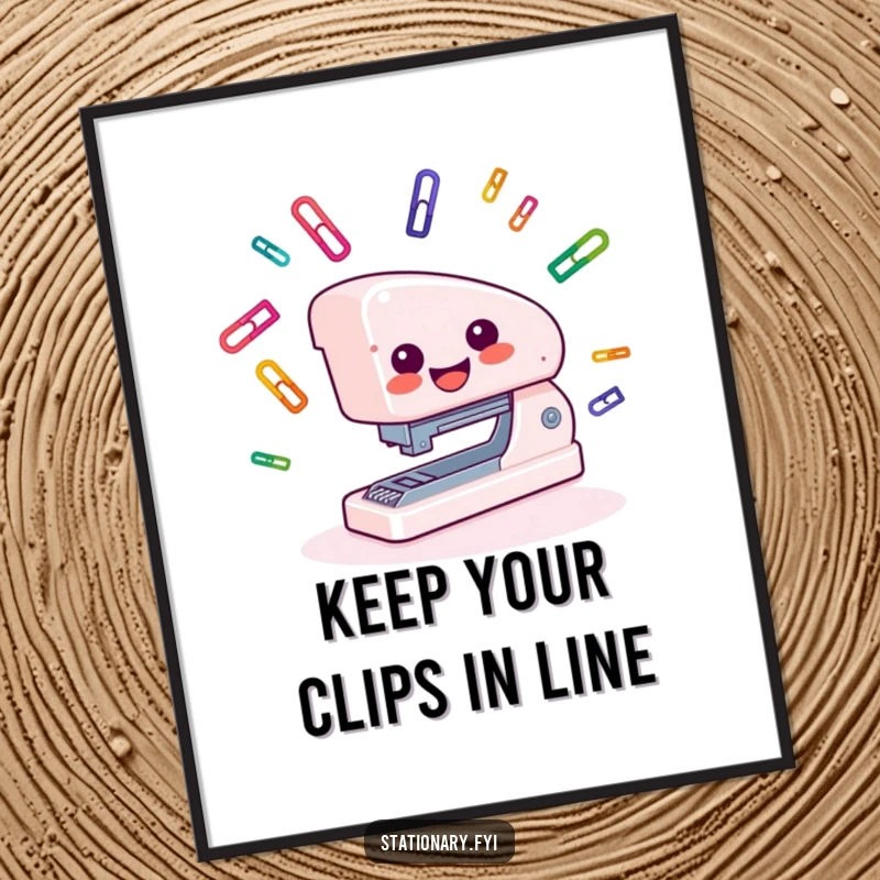 Free Printable Wall Art: A smiling stapler in mid-juggle with colorful paper clips, adding humor.