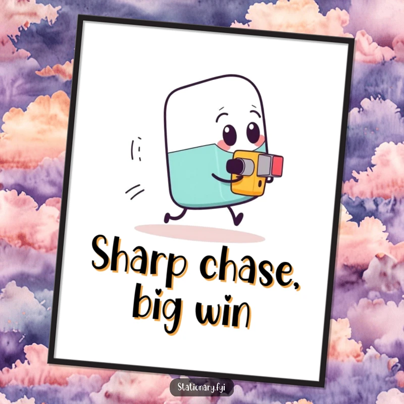 Funny Free Printable Wall Art: An expressive eraser comically fleeing from a tiny, determined pencil sharpener, adding humor.