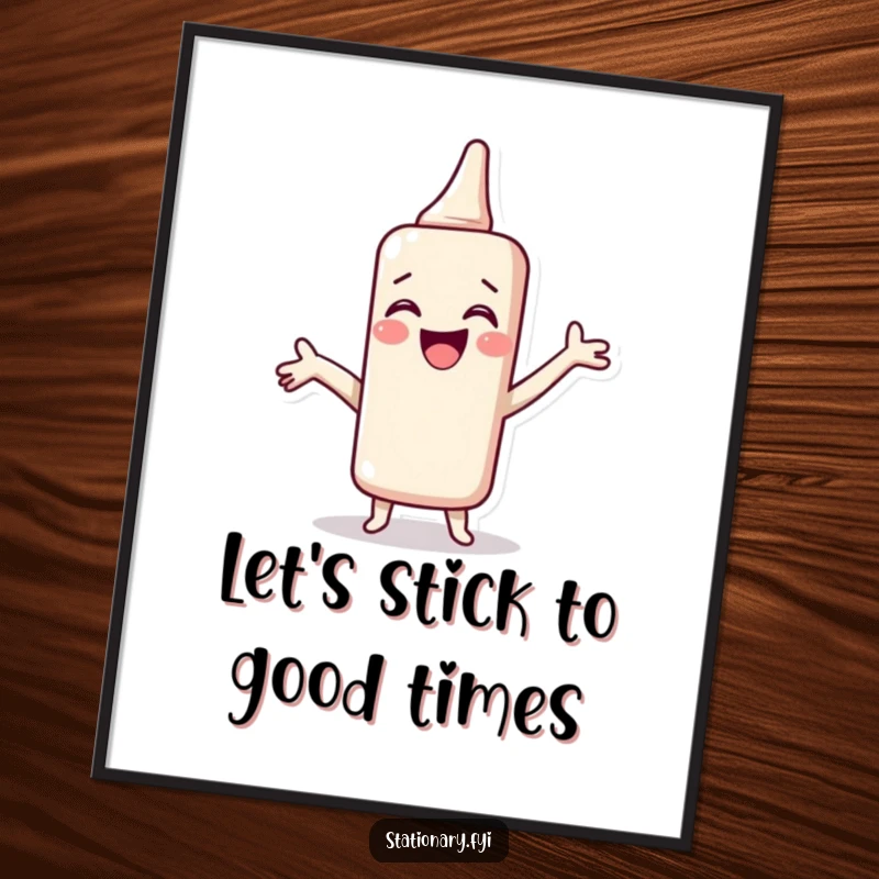 Funny Free Printable Wall Art of a giggling blue glue stick spreading itself enthusiastically across a surface.