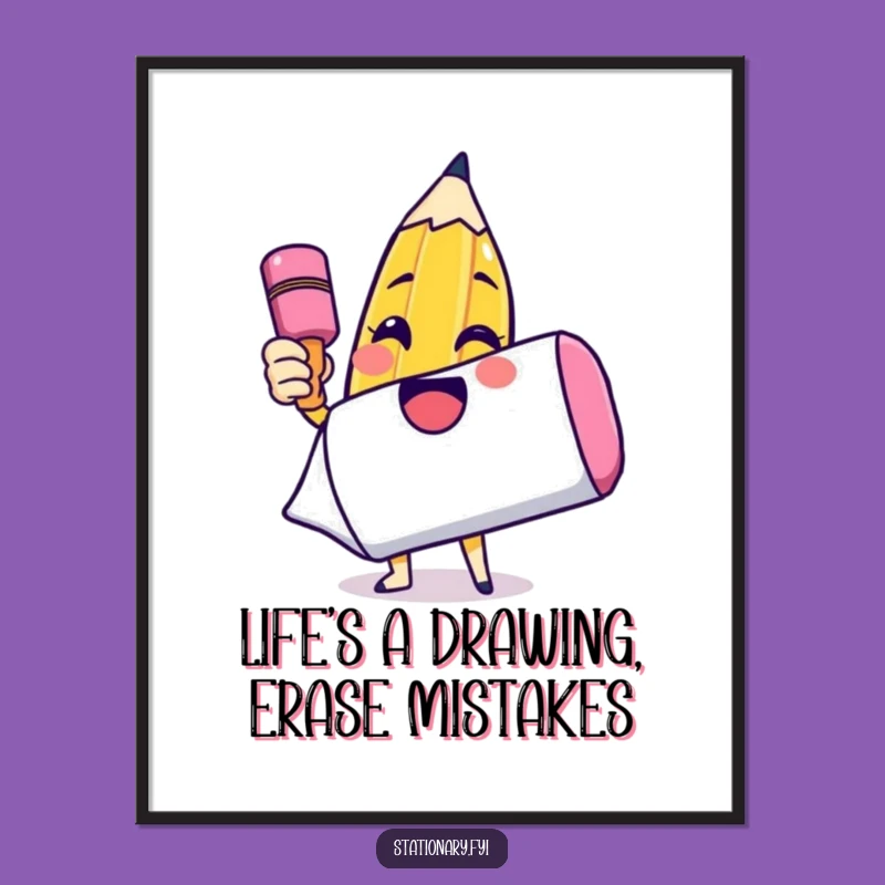 Free Printable Wall Art: Pencil Drawing Smile on Eraser, Whimsical Decor Downloadable