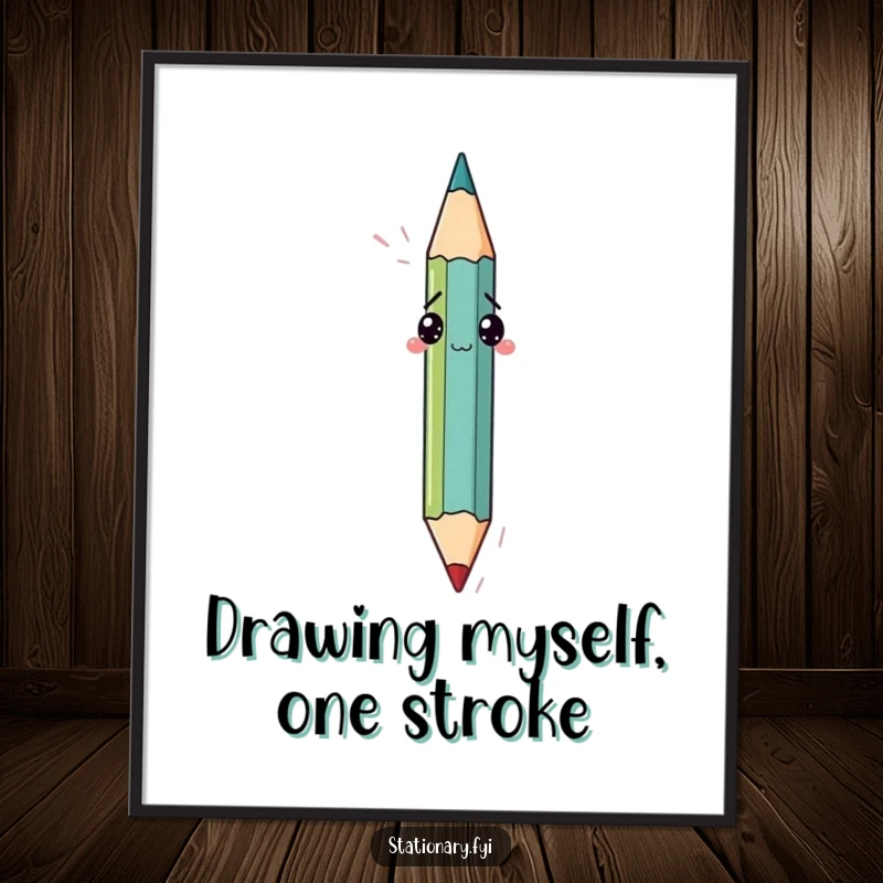 Funny free printable wall art of a bewildered pencil attempting to draw its own tip, a clever downloadable art piece.