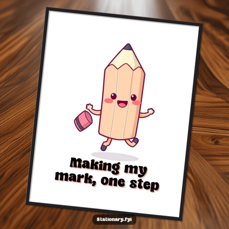 Funny Free Printable Wall Art: A whimsical Kawaii pencil character joyfully skips with its eraser companion. Decorate your walls!
