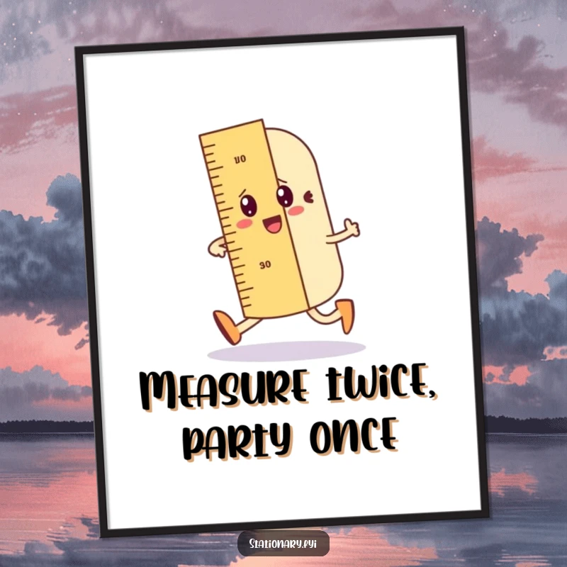 Funny Free Printable Wall Art of a wobbly ruler character embarking on a jaunty walk and drawing a precise straight line.