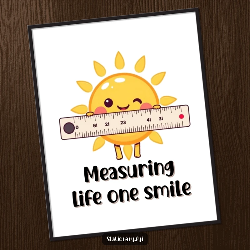 Funny Free Printable Wall Art: A happy Kawaii ruler character cheerfully measures a beaming, smiling sun. Add some light!