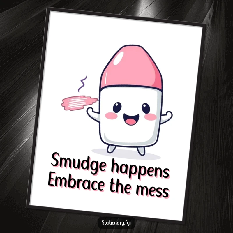 Funny Free Printable Wall Art depicting a cheerful eraser character in the act of happily smudging a drawn line.