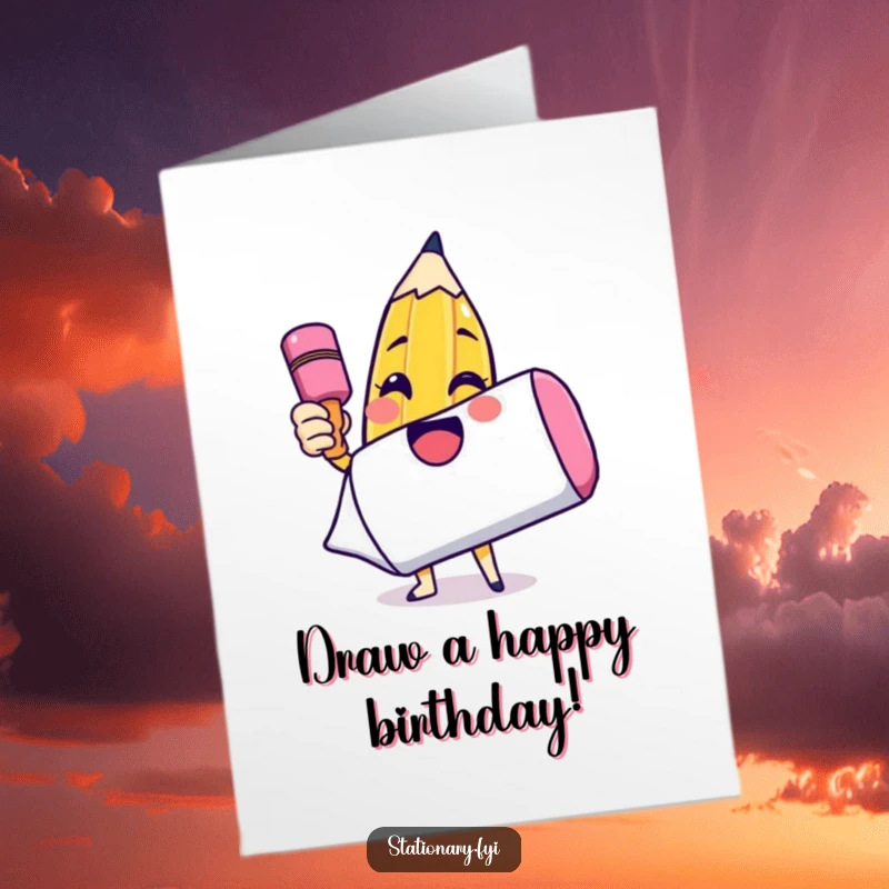 Funny Free Printable Birthday Card: A pencil character excitedly draws a big smiley face on an enormous eraser.