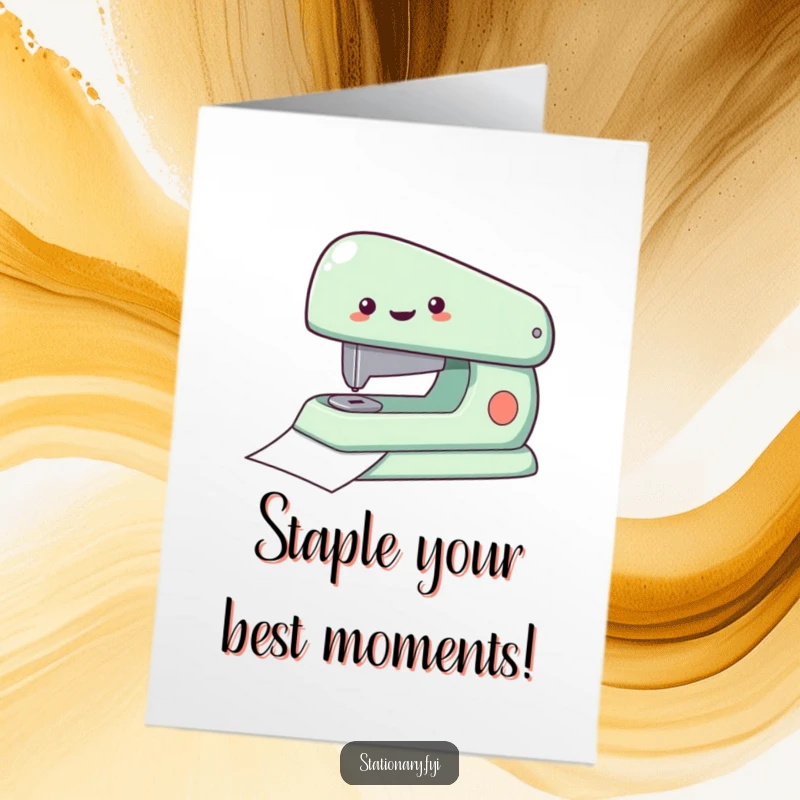 Funny Free Printable Birthday Card of a delighted stapler rapidly fastening stacks of colorful paper.