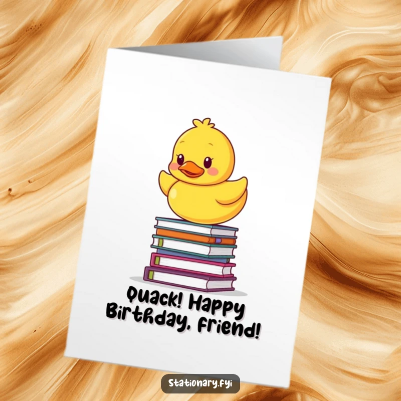Funny Free Printable Birthday Card: A rubber ducky precariously balances on a tall stack of study notebooks.
