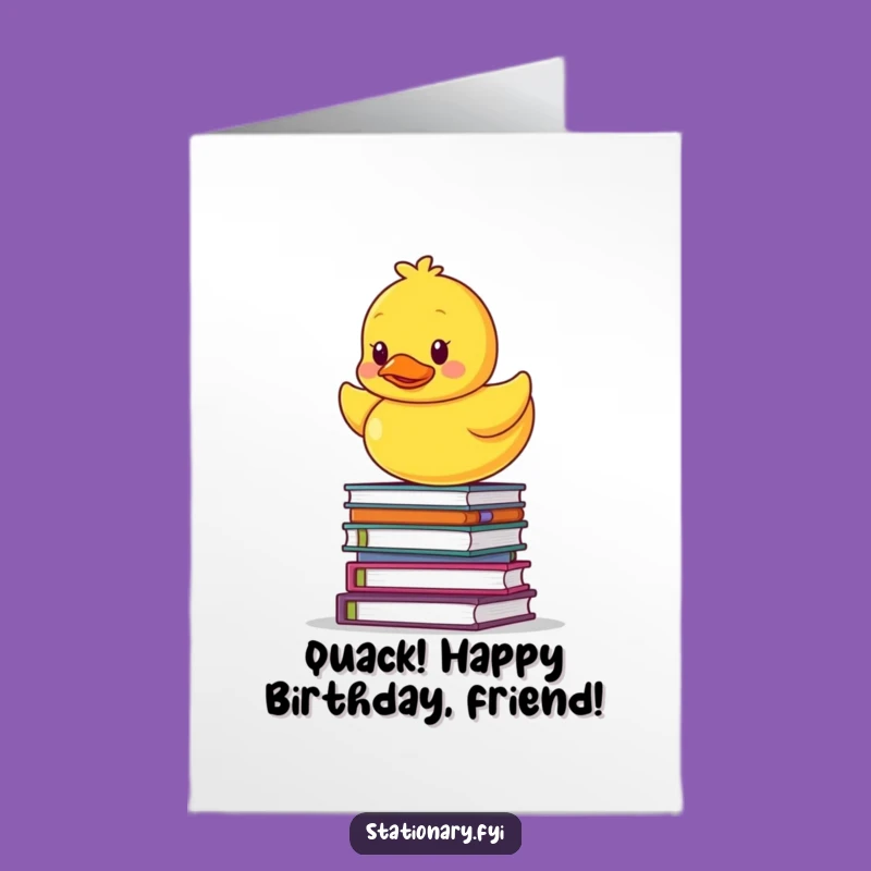 Free Printable Birthday Card: Duck on Books, Balancing Humor Downloadable Greeting