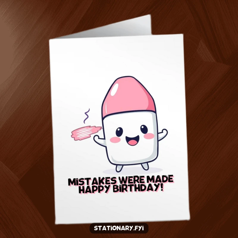 Funny Free Printable Birthday Card featuring a cheerful eraser character happily smudging a drawn line, full of playful energy.