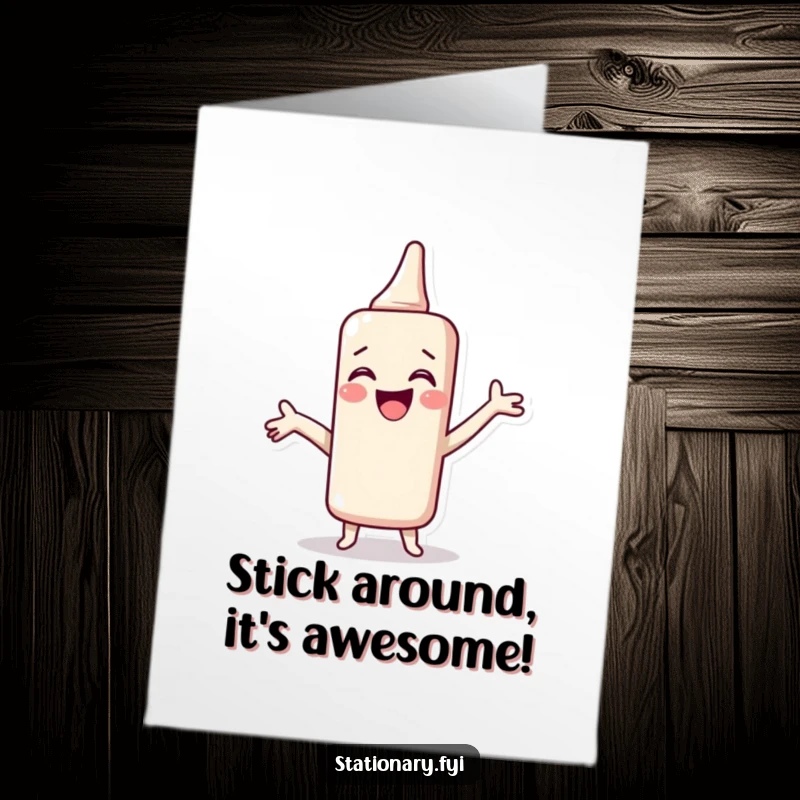 Funny Free Printable Birthday Card of a giggling blue glue stick gleefully spreading itself across paper.