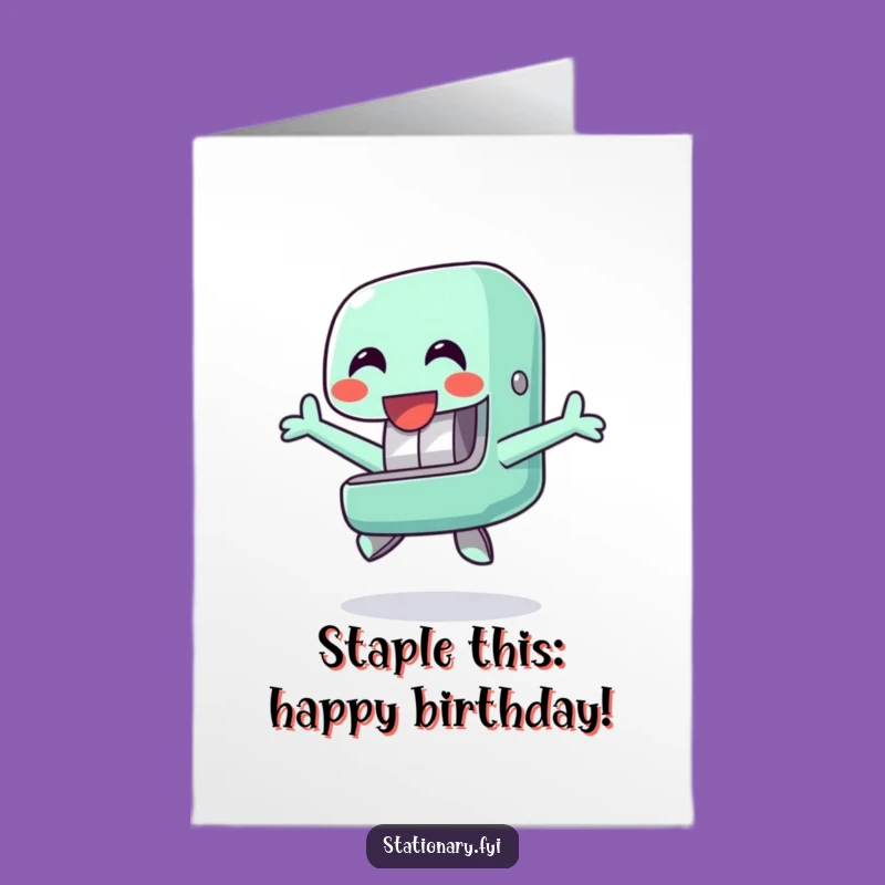 Free Printable Birthday Card: Happy Stapler Jumping Cheerfully Funny Downloadable Gift