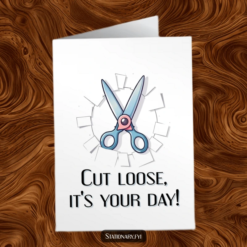 Funny Free Printable Birthday Card of playful silver scissors gleefully snipping through colorful paper.