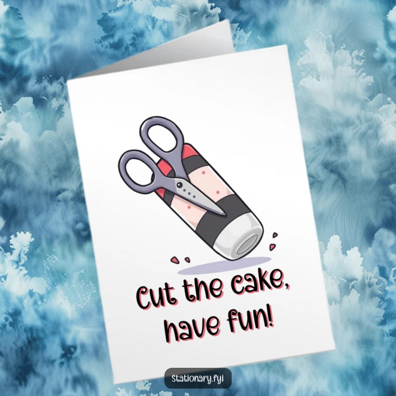 Funny Free Printable Birthday Card: Scissors comically trying to chop a giant, rubbery eraser with determined effort.