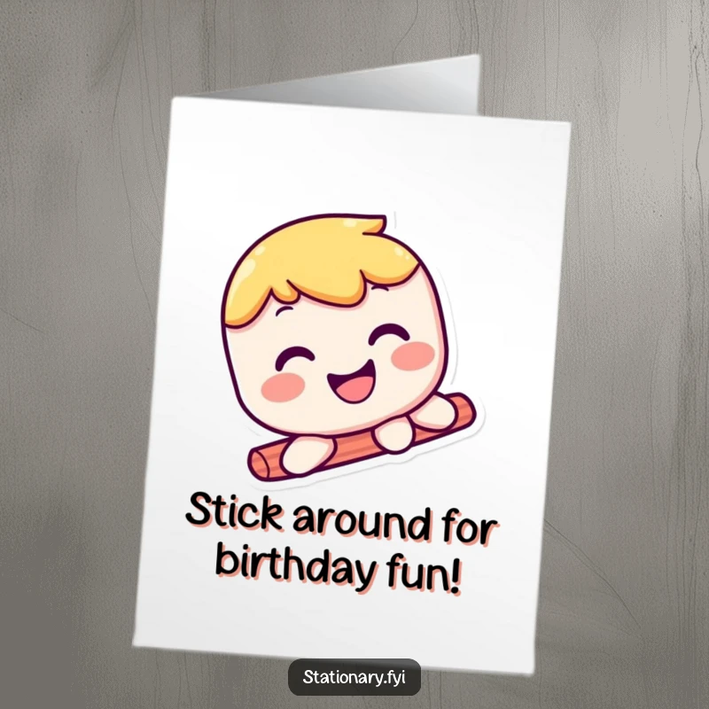 Free Printable Birthday Card: A cheerful kawaii glue stick character slides smoothly with an enormous smile, spreading birthday joy.