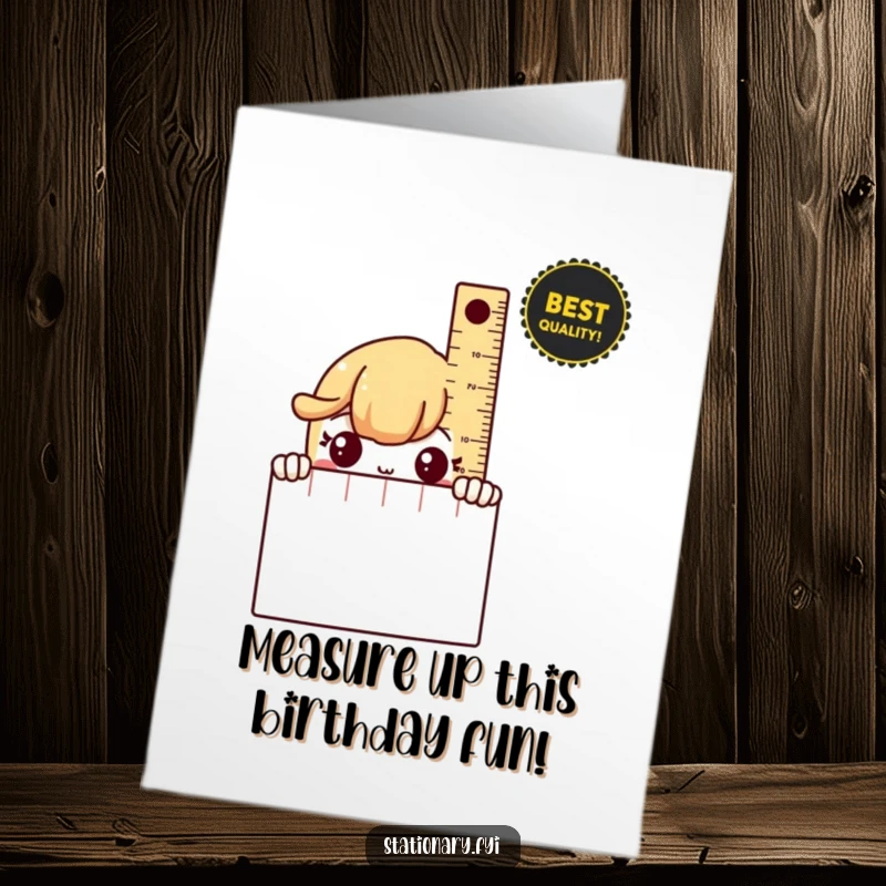 Funny Free Printable Birthday Card: A shy ruler peeking from behind a notebook, with a bashful smile.