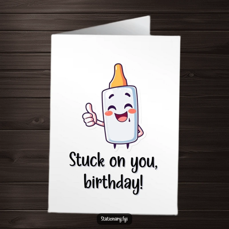 Funny Free Printable Glue Stick Birthday Card: Giggling character giving a big thumbs up, wishing happy birthday.