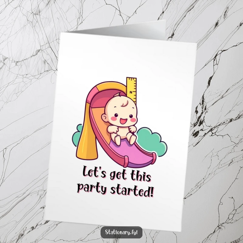 Funny Free Printable Ruler Birthday Card: Playful character sliding down a colorful slide, celebrating a birthday bash.