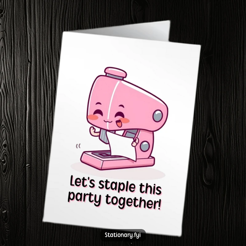 Funny Free Printable Birthday Card featuring a giddy stapler character enthusiastically zapping paper together with energetic comic flair.