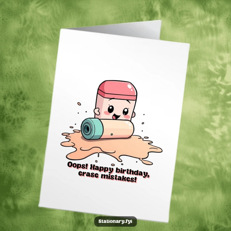 Funny free printable birthday card: a frantic eraser rolls over a massive ink spill, a relatable DIY gift.