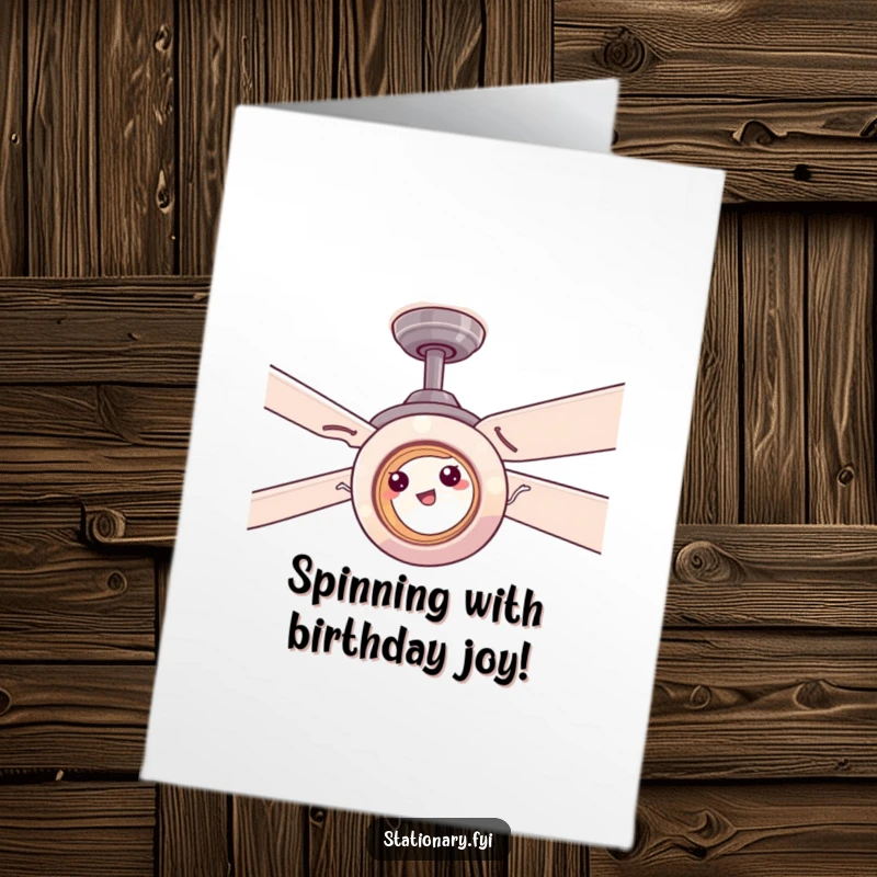 Funny Free Printable Birthday Card: A roll of tape comically stuck to a spinning ceiling fan, ready for laughs.